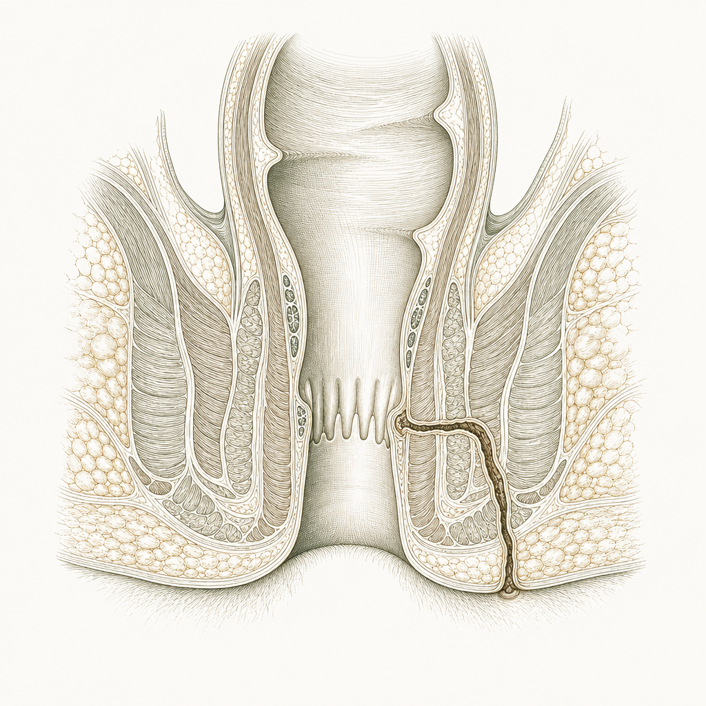 Anatomical diagram of an anal fistula, a small tunnel between the anal canal and the skin, for anal fistula treatment in Singapore