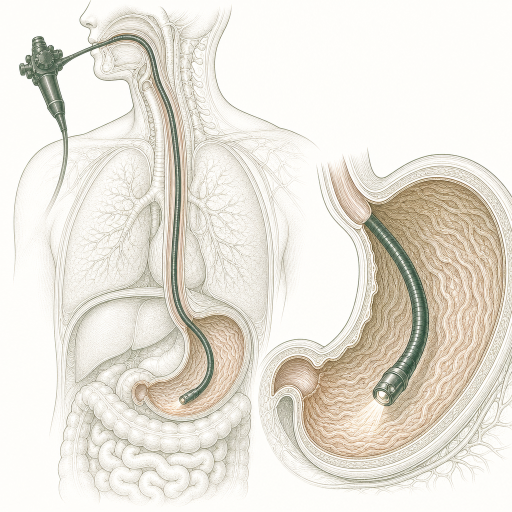 Diagram of a flexible gastroscope passing through the oesophagus into the stomach during a gastroscopy in Singapore