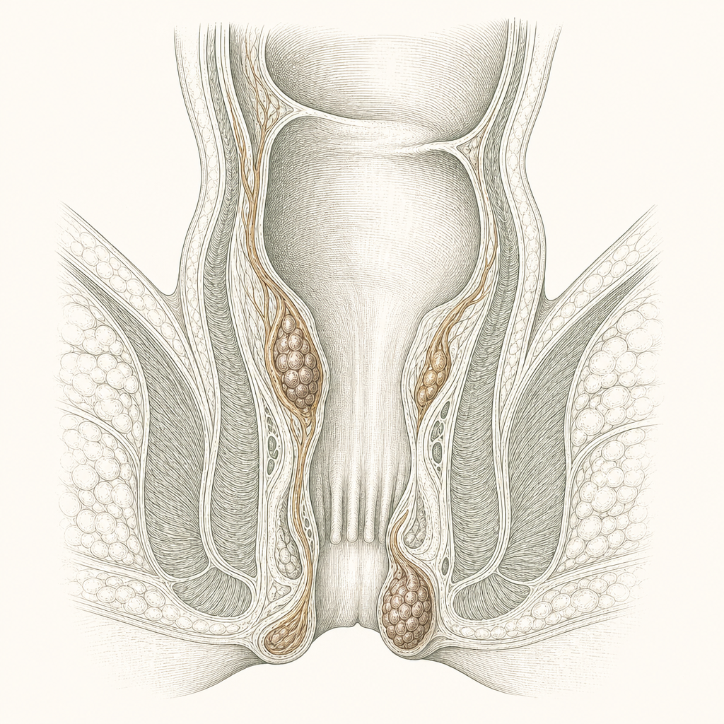 Anatomical diagram of the anal canal showing internal and external haemorrhoids (piles), for piles treatment in Singapore