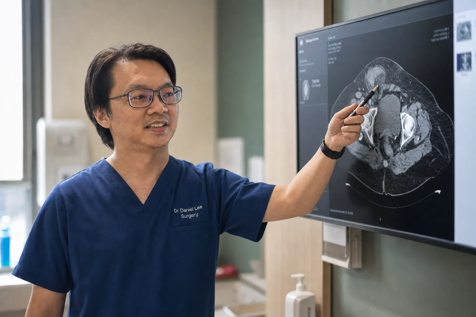 Dr Daniel Lee, hernia and general surgeon in Singapore, reviewing an abdominal CT scan of an inguinal hernia