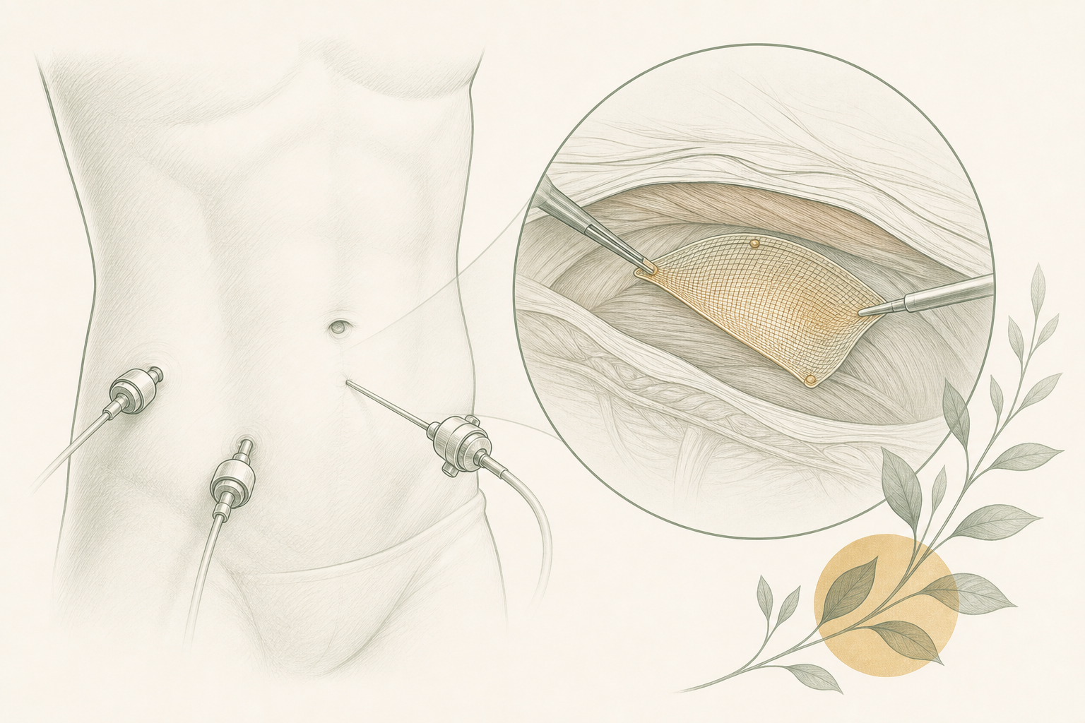 Illustration of minimally invasive keyhole laparoscopic hernia repair with mesh reinforcement