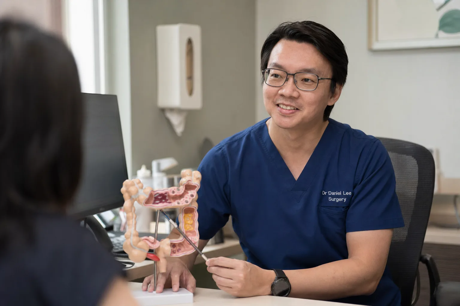 Dr Daniel Lee in a discreet consultation about piles and haemorrhoid treatment in Singapore